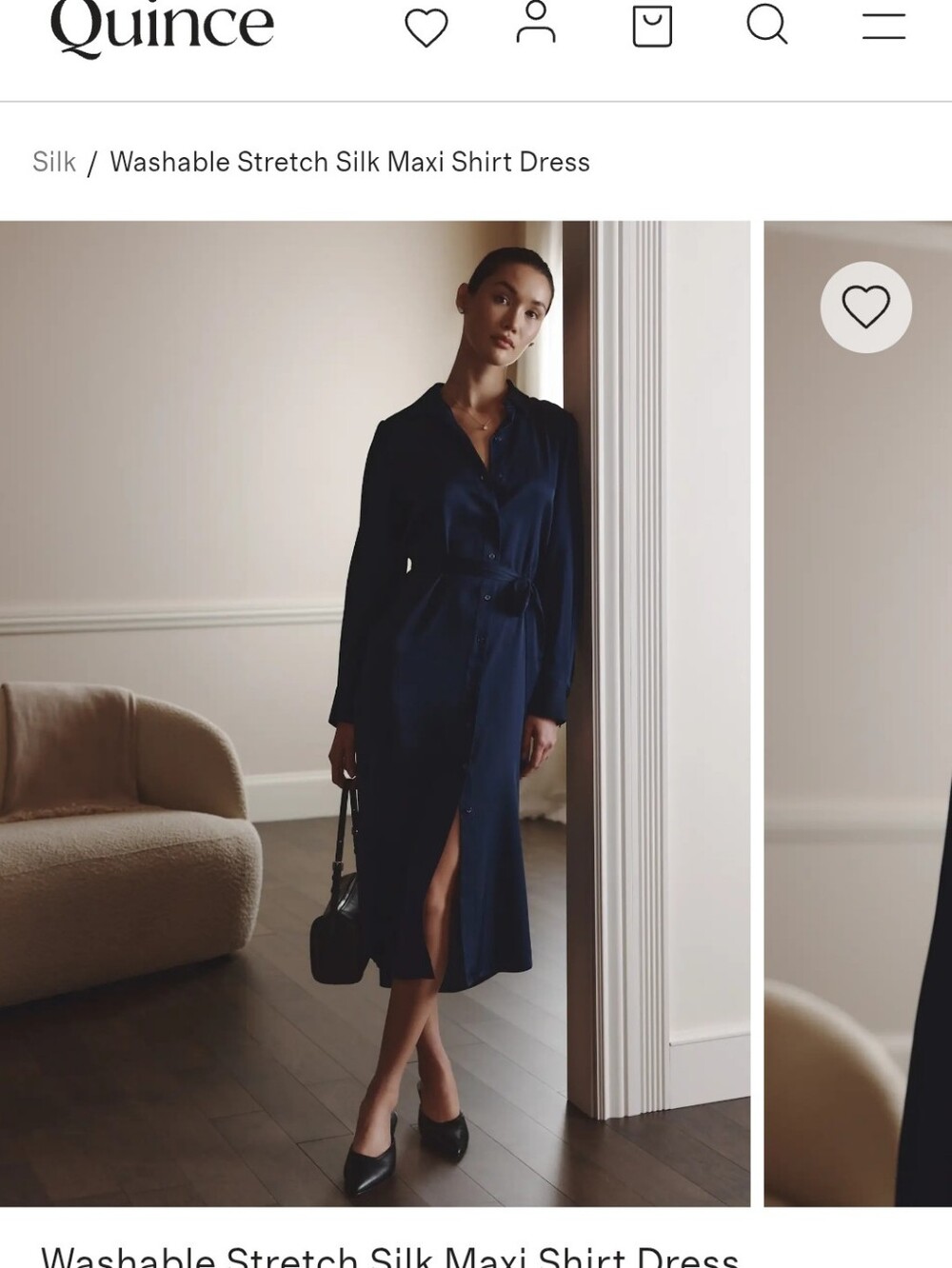 Quince Navy Silk Maxi Shirt Dress with Waist Tie